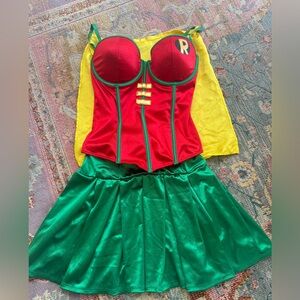 Sexy Robin Costume Bustier Top with Cape Large Green Metallic Mini Skirt S/M